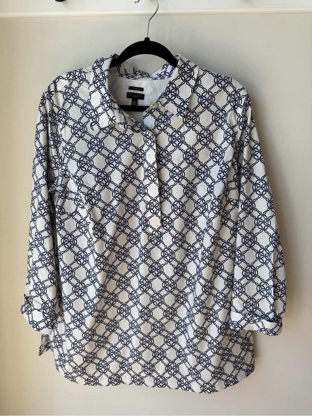 Talbots Navy and White Chain-Link Print Button-Down Shirt